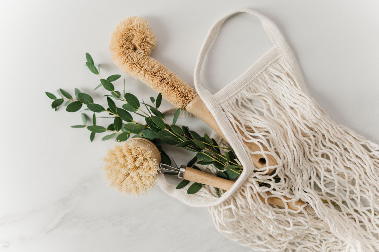 services-01 Eco-friendly cleaning brushes and eucalyptus branch in a net bag on a marble surface.